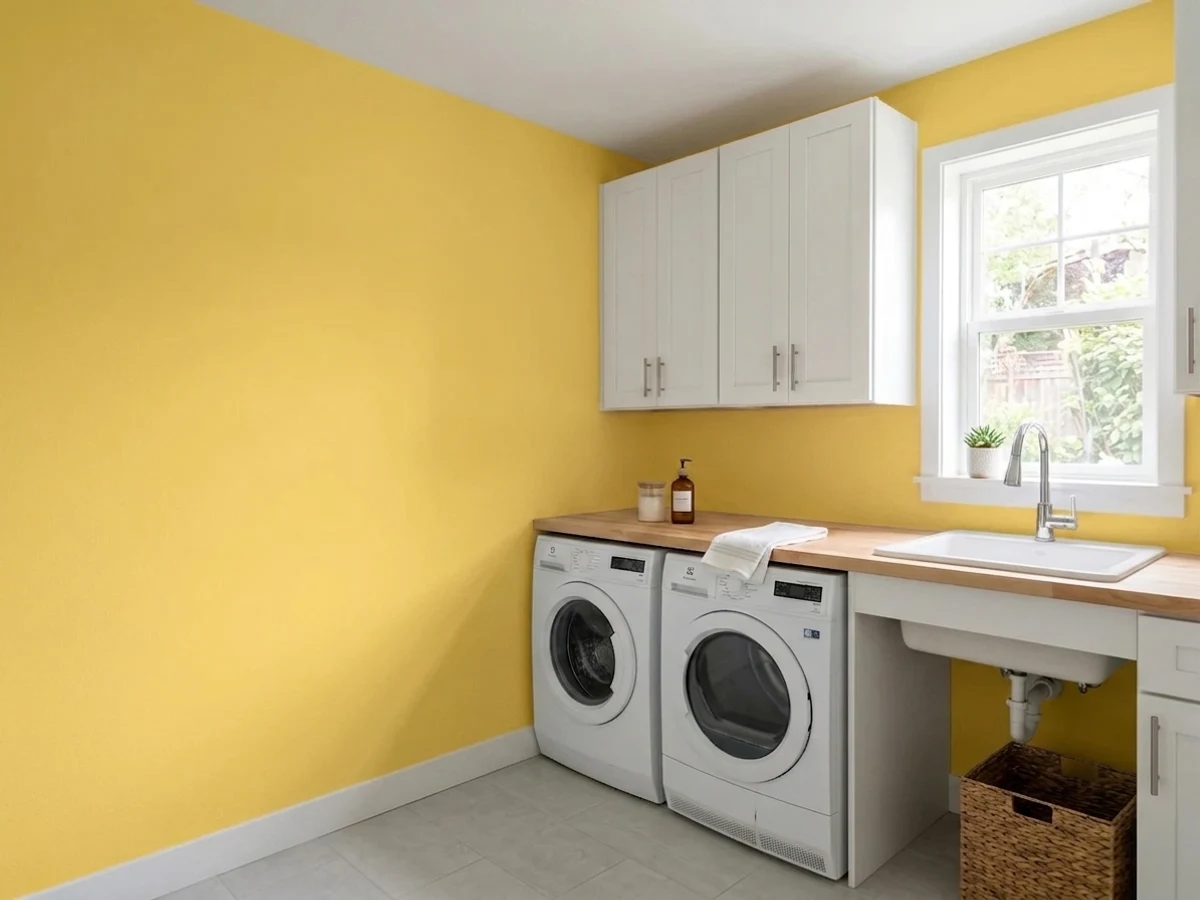 golden banana yellow cabinetry — trending yellow laundry room colors 2026