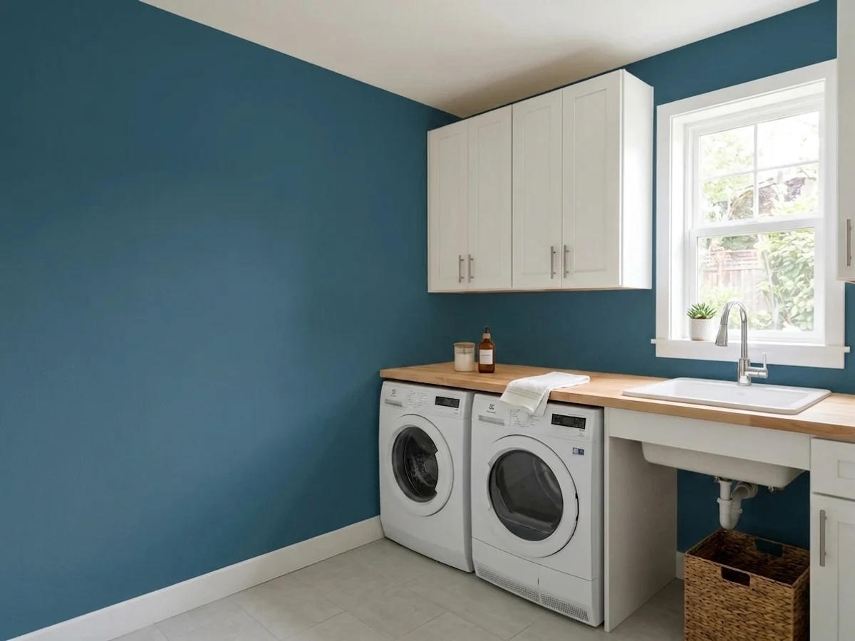 deep blue danube lockers and shelving — trending blue laundry room colors 2026