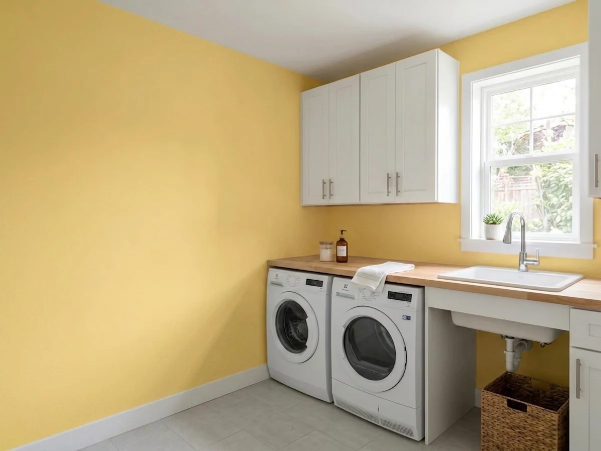 buttery warm yellow walls — trending yellow laundry room colors 2026