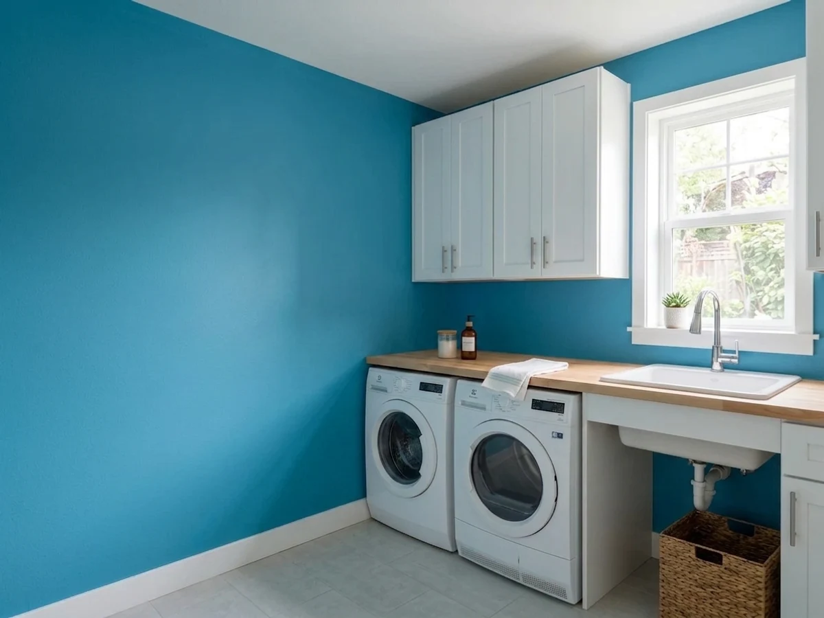 moody teal cabinetry — trending teal laundry room colors 2026