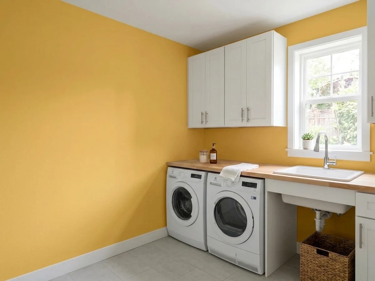 Benjamin Moore Golden Orchards in a laundry room