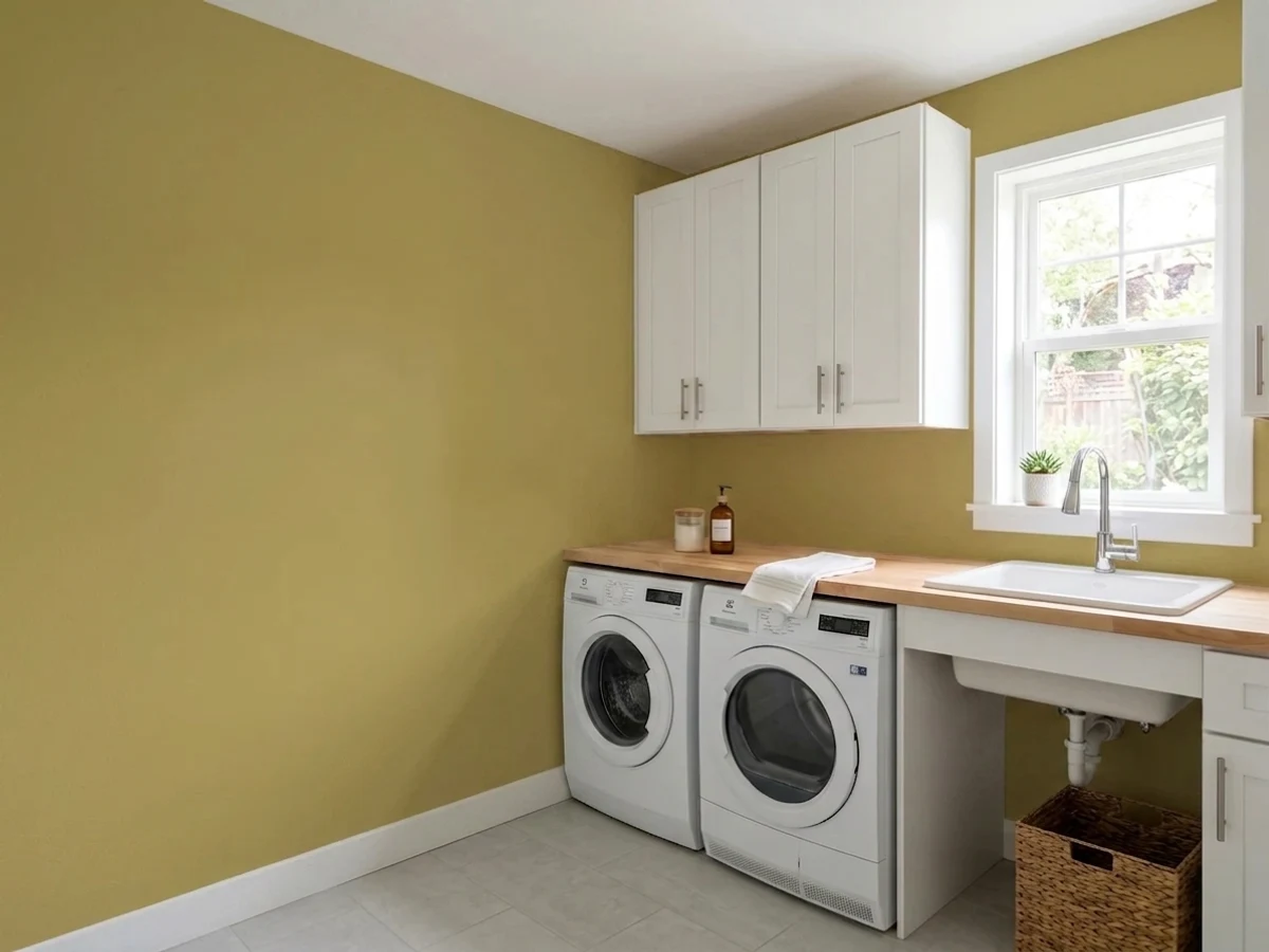 Benjamin Moore Lichen Green in a laundry room