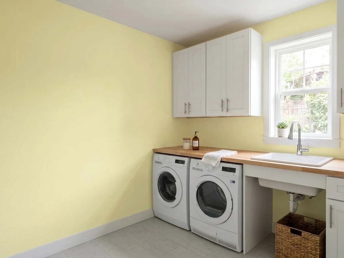 Benjamin Moore Light Daffodil in a laundry room