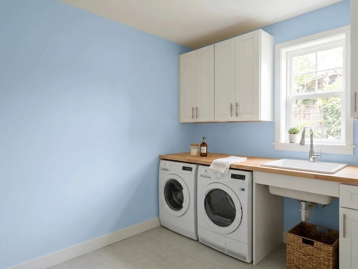 soft windmill wings cabinetry — trending blue laundry room colors 2026