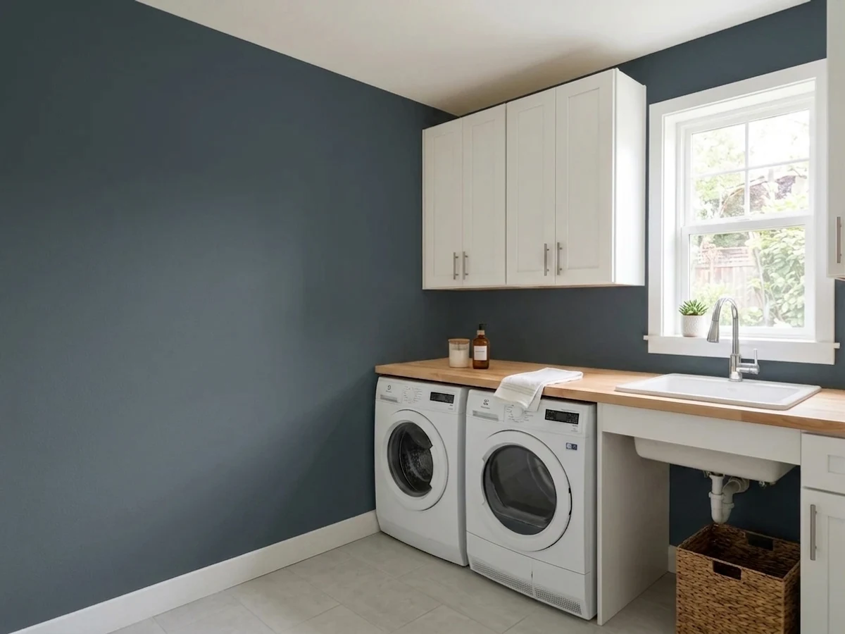 Glidden Midnight Hour in a laundry room