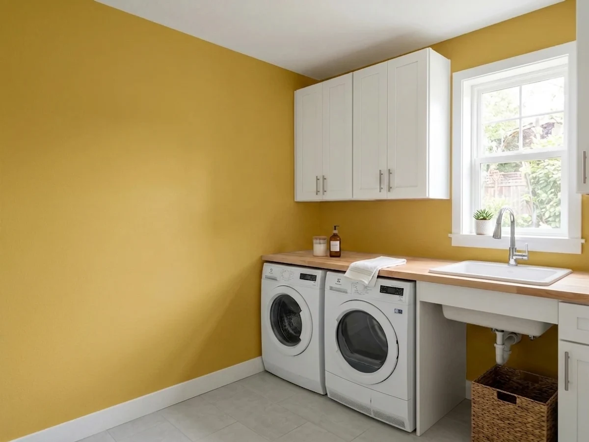 Sherwin-Williams Eastlake Gold in a laundry room