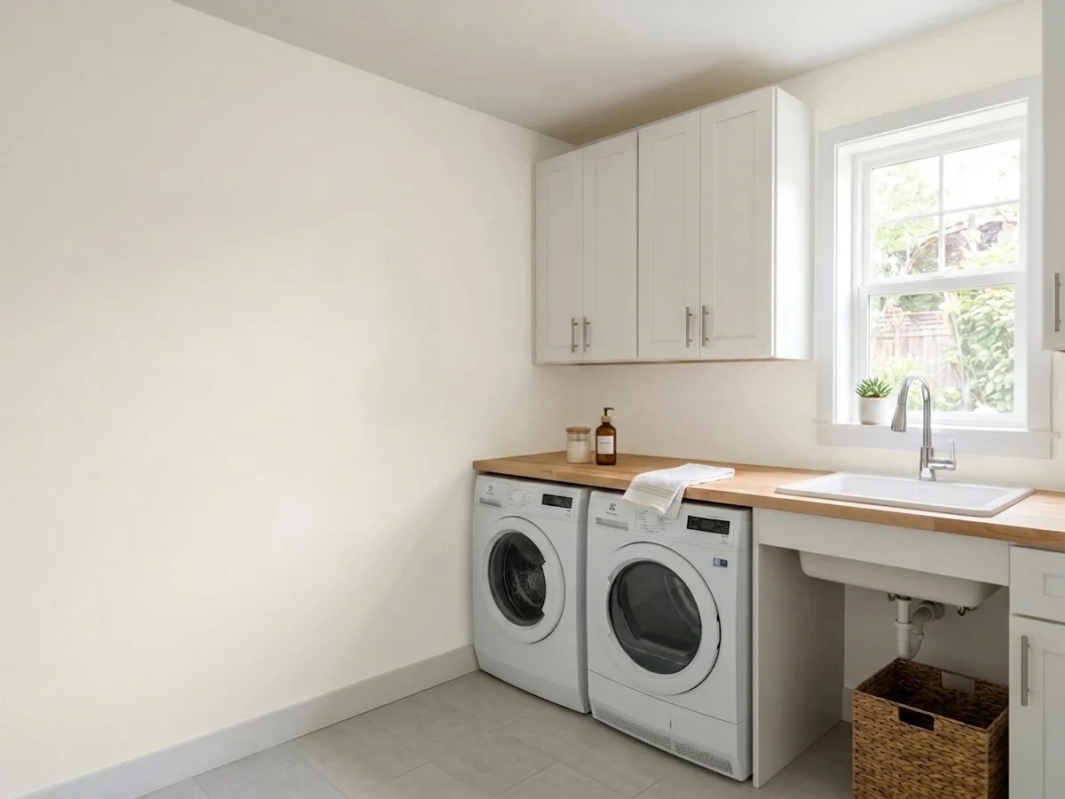 warm soft white walls — trending white laundry room colors 2026