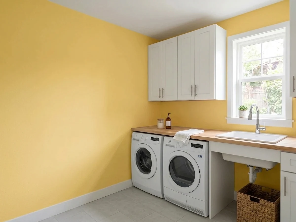 punchy fun yellow accent wall — trending yellow laundry room colors 2026