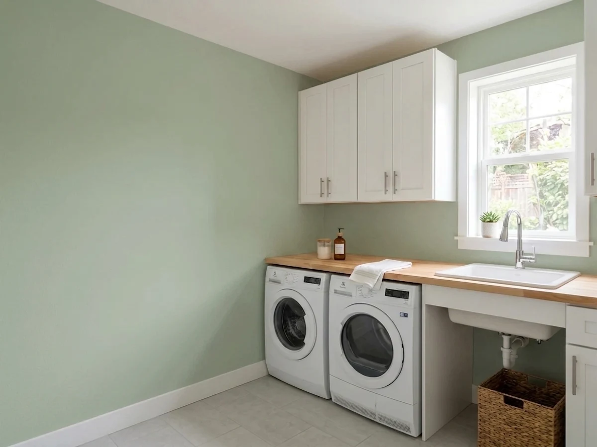fresh mid-tone green walls — trending green laundry room colors 2026