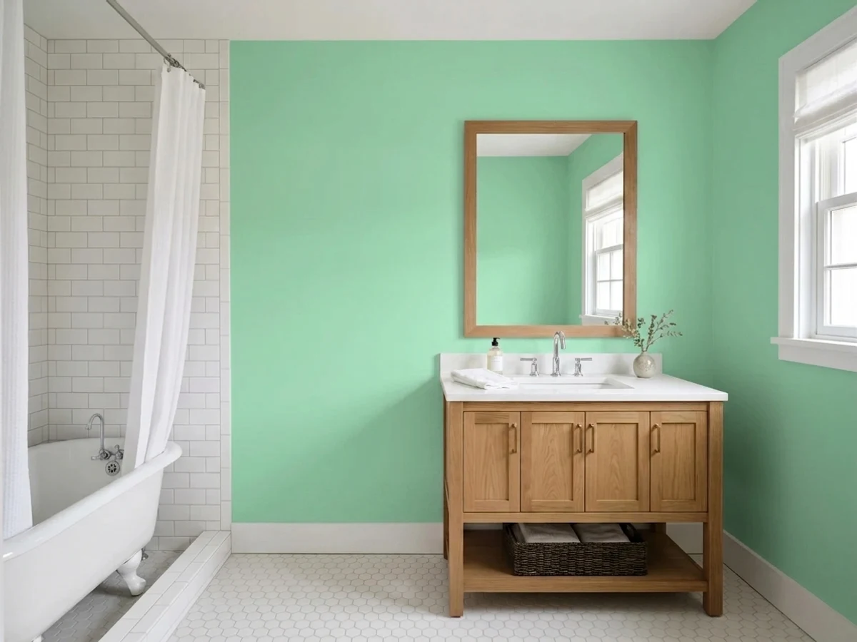 Behr Eucalyptus Leaf in a light blue bathroom