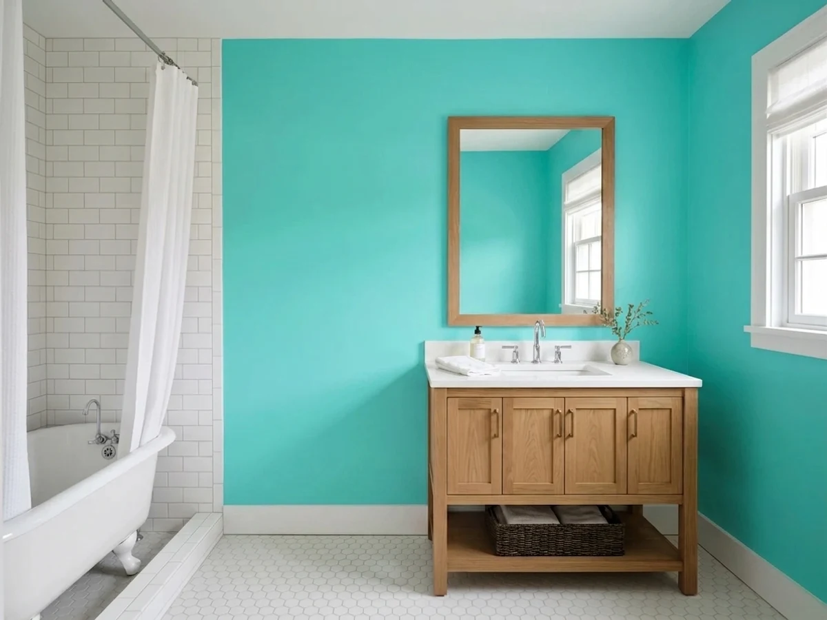 Behr Turquoise in a light blue bathroom