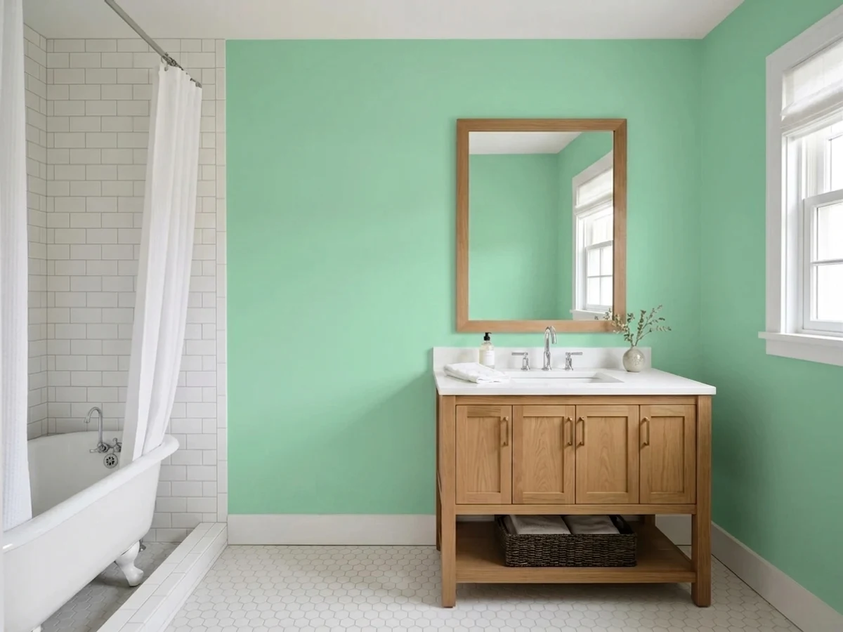 Behr Eucalyptus Leaf in a light green bathroom