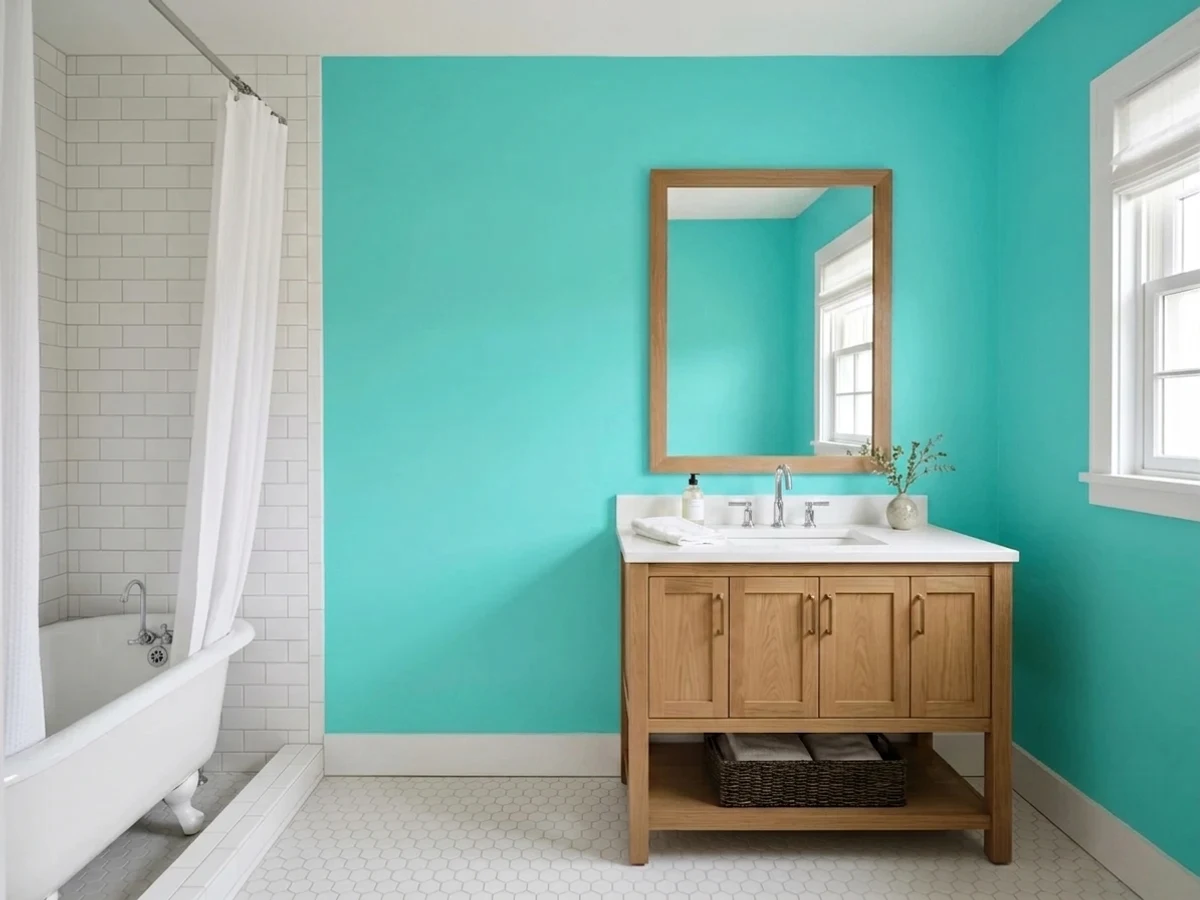 Behr Turquoise in a light green bathroom