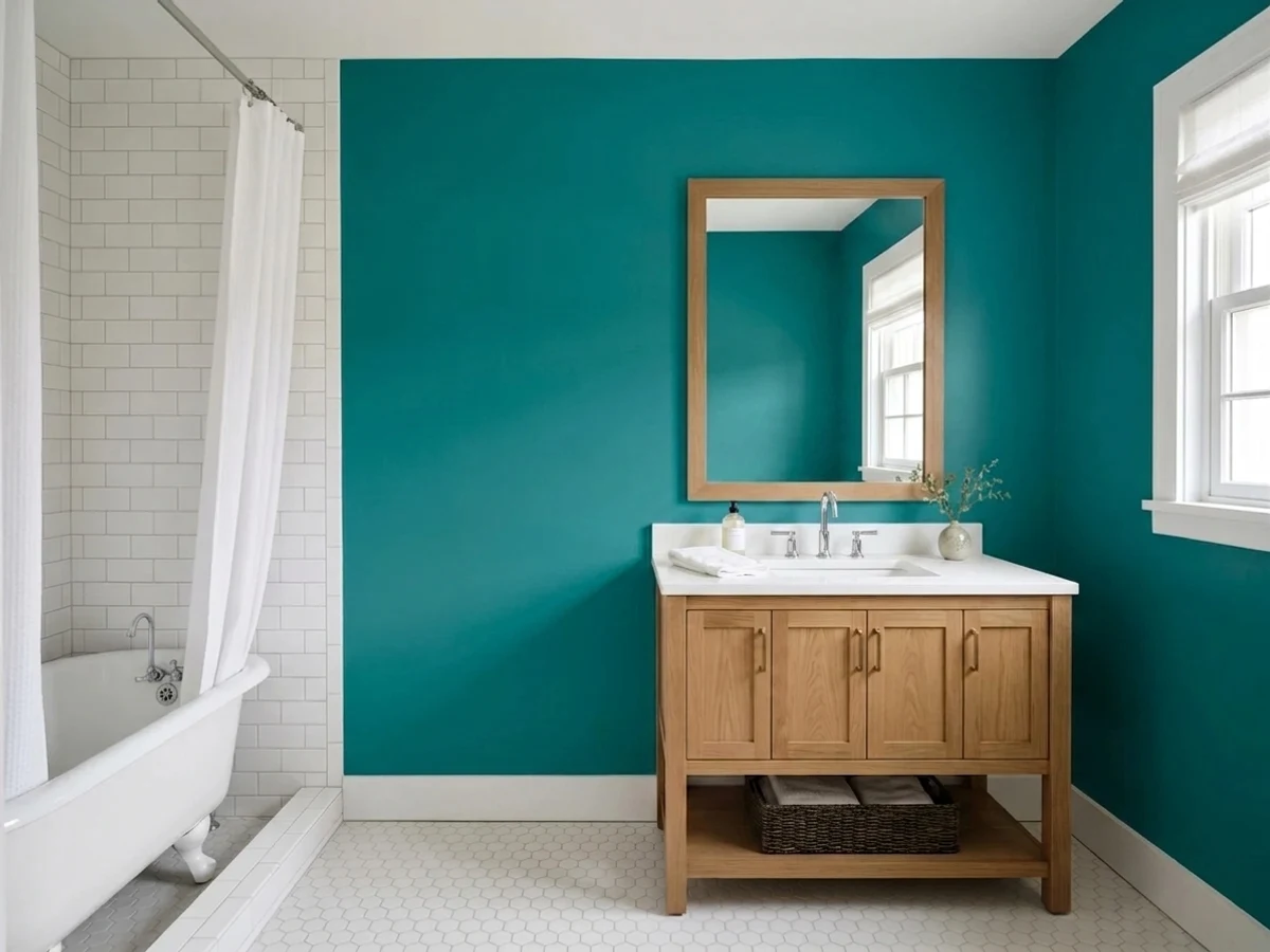 Benjamin Moore Teal in a light green bathroom