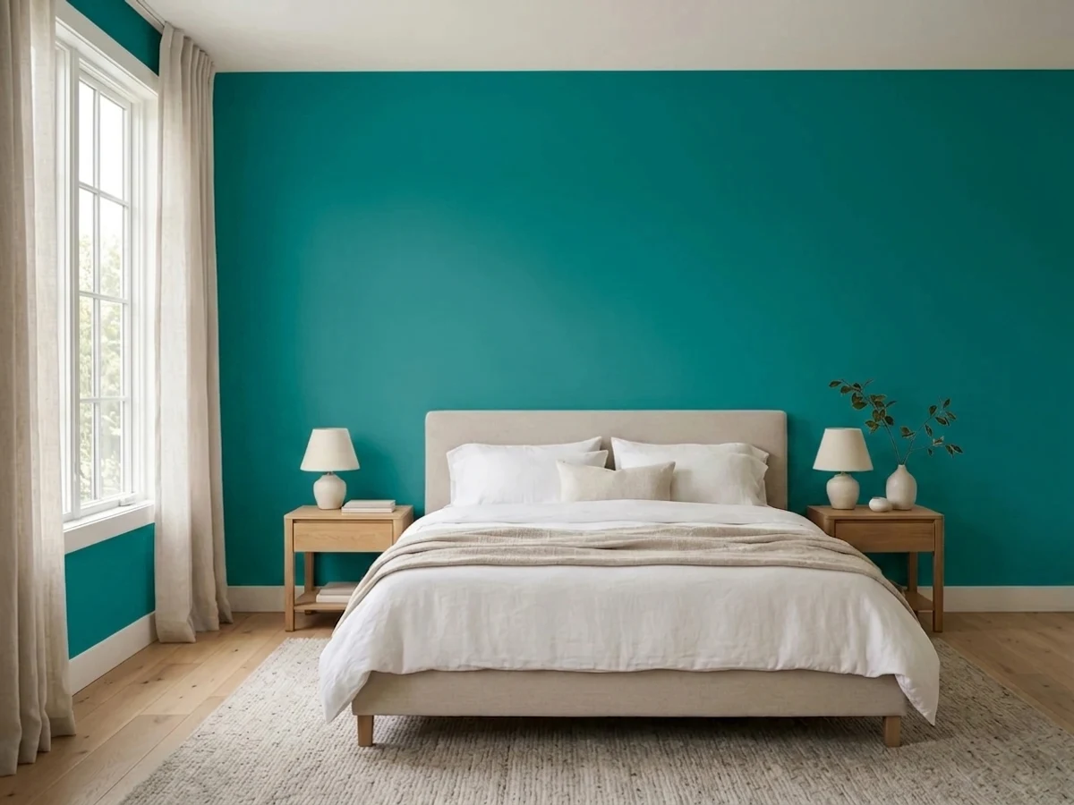 Benjamin Moore Teal in a light green bedroom
