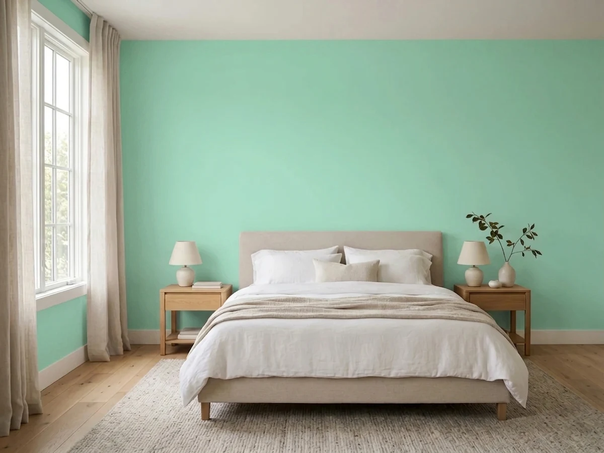 Dunn-Edwards Sprig of Mint in a light green bedroom