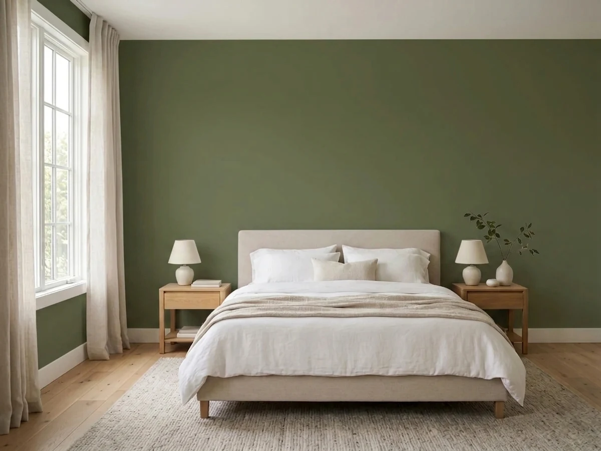 Farrow & Ball Yeabridge Green in a light green bedroom