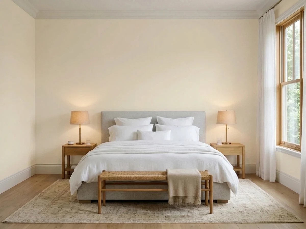 soft warm white ceiling — trending neutral master bedroom colors 2026