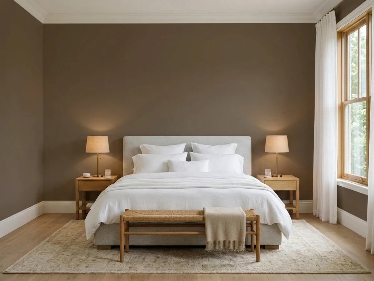 warm taupe layering — trending brown master bedroom colors 2026