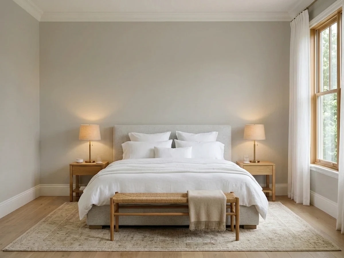 Sherwin-Williams Mindful Gray in a master bedroom