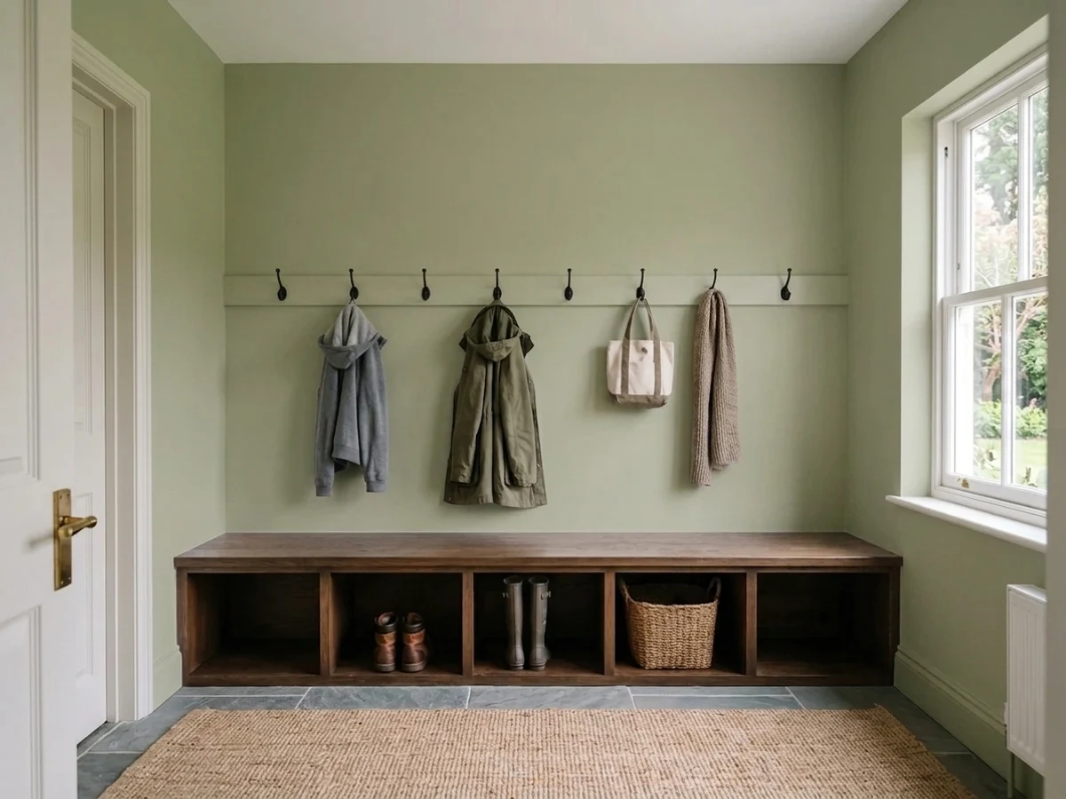 back to nature boot bench walls — trending green mudroom colors 2026