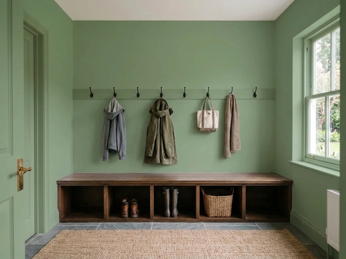 Behr Eucalyptus Wreath in a mudroom