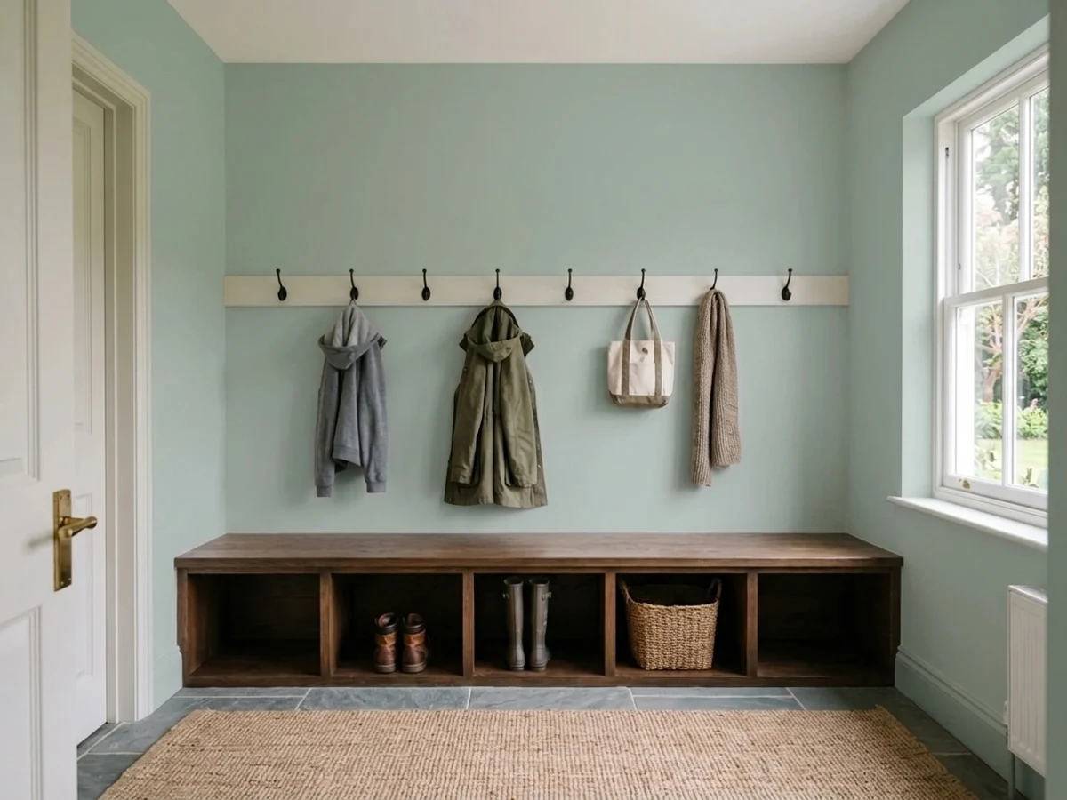 warm greige beach glass walls — trending gray mudroom colors 2026