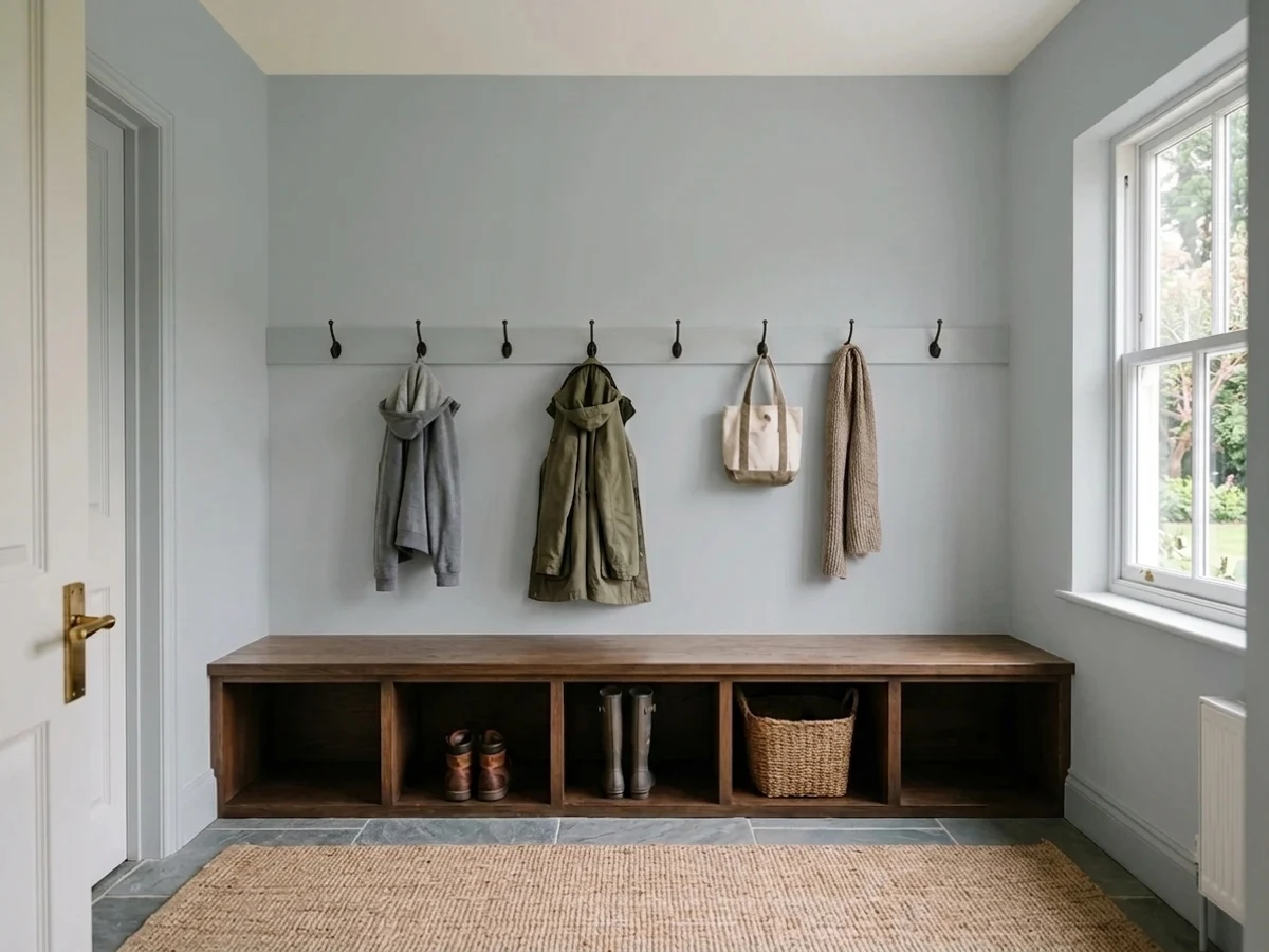 Benjamin Moore Gull Wing Gray in a mudroom