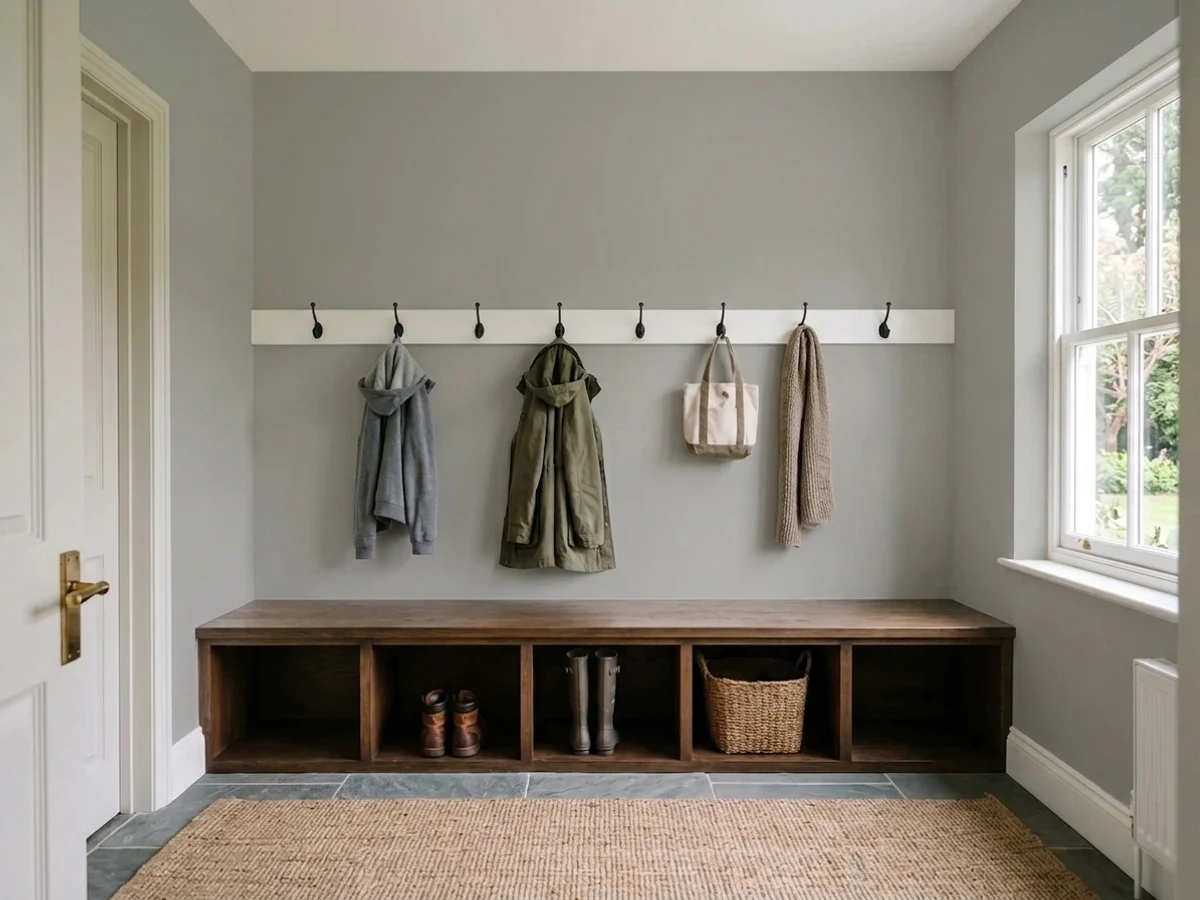 Benjamin Moore Platinum Gray in a mudroom