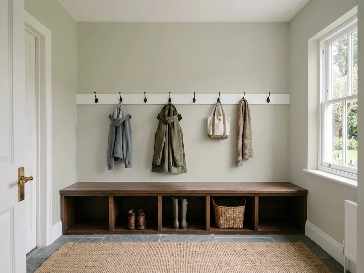 Benjamin Moore Sea Salt in a mudroom