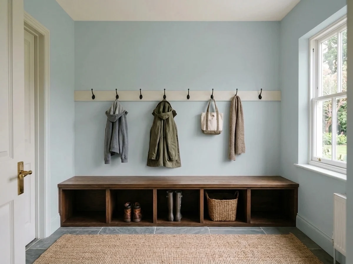 moody smoke gray cabinetry — trending gray mudroom colors 2026