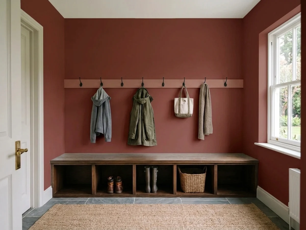 Benjamin Moore Sundried Tomato in a mudroom