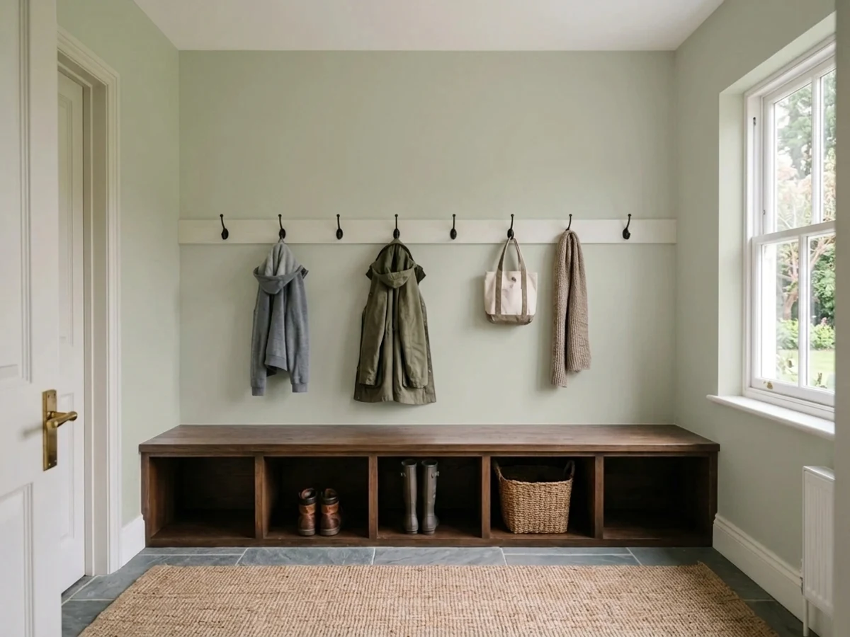 sage-adjacent vale mist cabinetry — trending green mudroom colors 2026