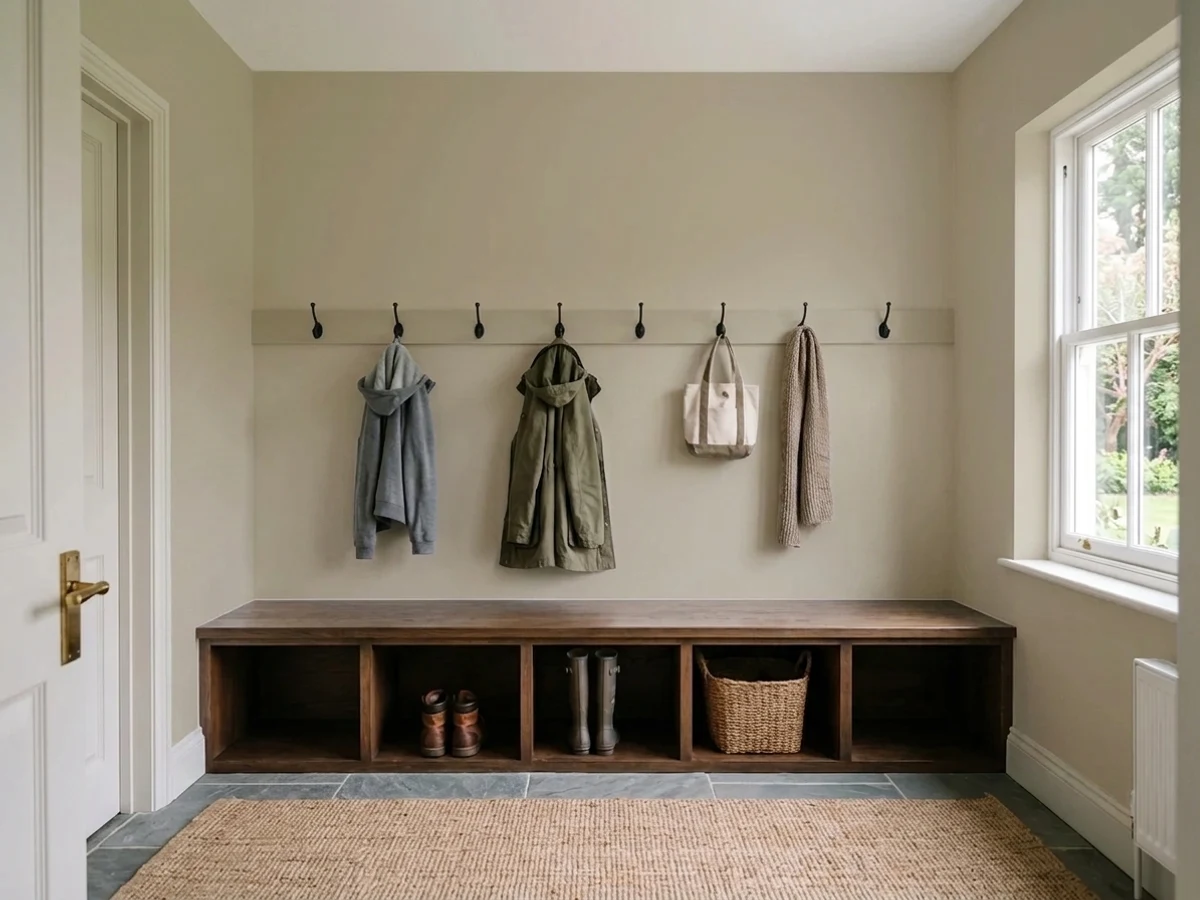 Dunn-Edwards Stonish Beige in a mudroom