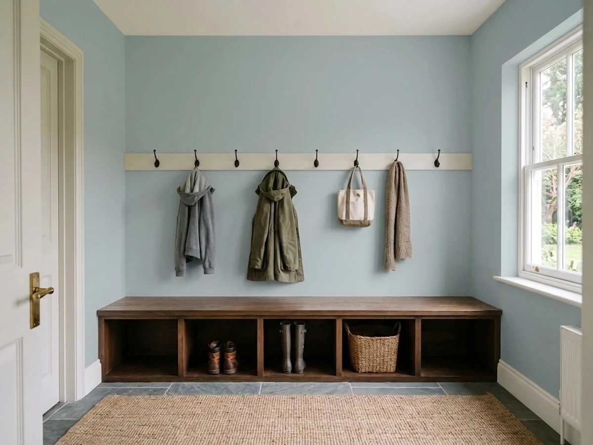 soft blue-gray niebla azul lockers — trending gray mudroom colors 2026