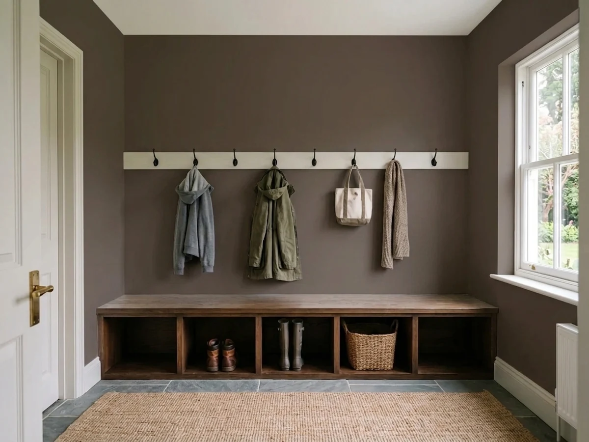 rookwood dark brown boot bench — trending brown mudroom colors 2026