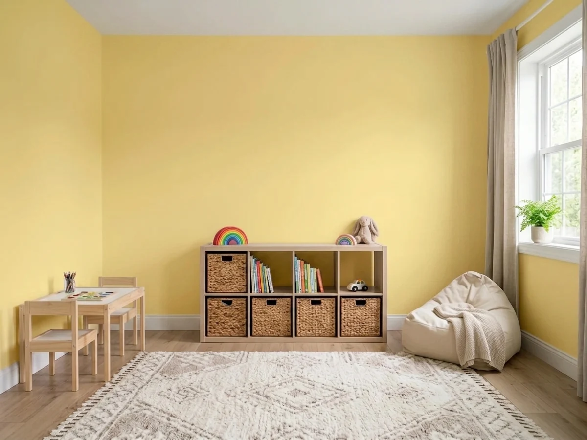 punchy fun yellow accent wall — trending yellow playroom colors 2026