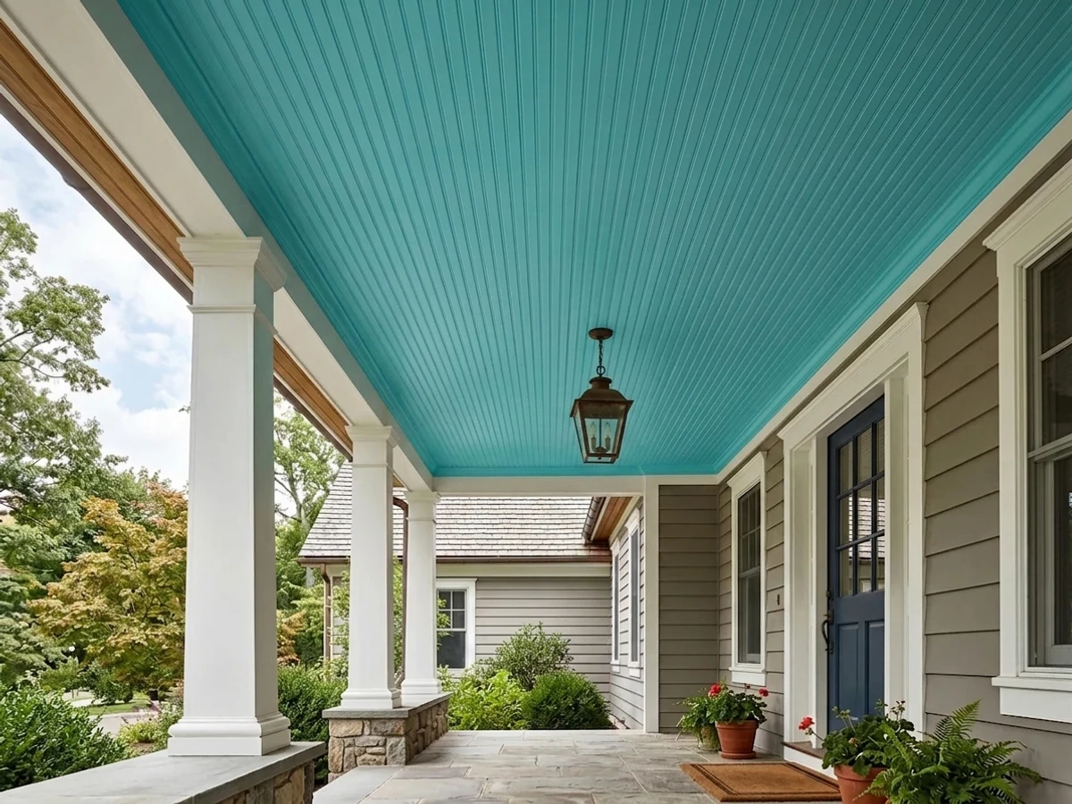 Benjamin Moore Poolside Blue in a porch ceiling