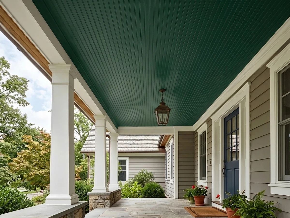 Sherwin-Williams English Ivy in a porch ceiling