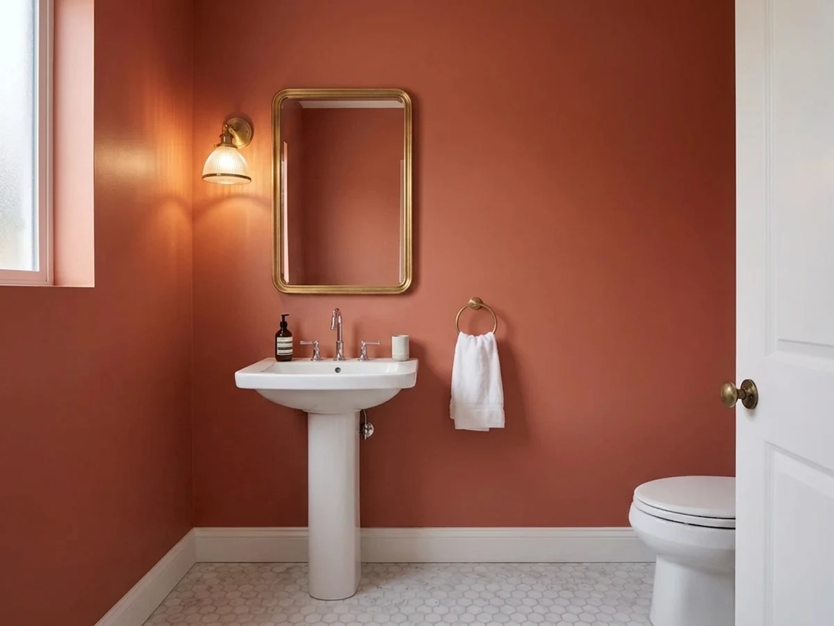 warm terracotta glow — trending red powder room colors 2026