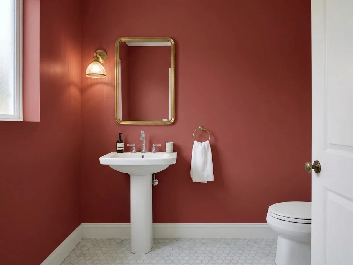 rich rustic cottage red — trending red powder room colors 2026
