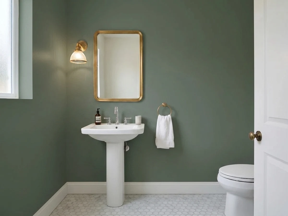 moody forest green walls — trending green powder room colors 2026