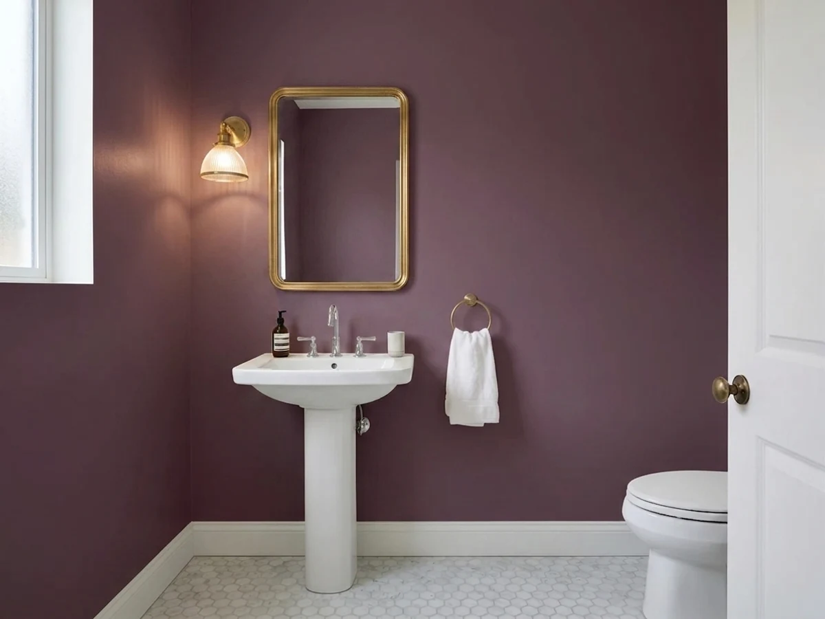 moody eggplant walls — trending purple powder room colors 2026