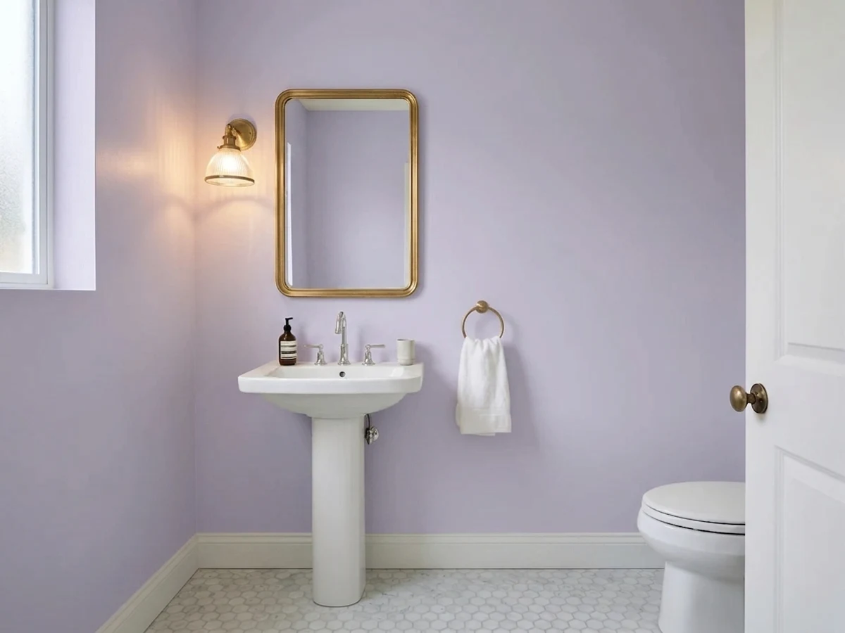 soft lilac with brass — trending purple powder room colors 2026