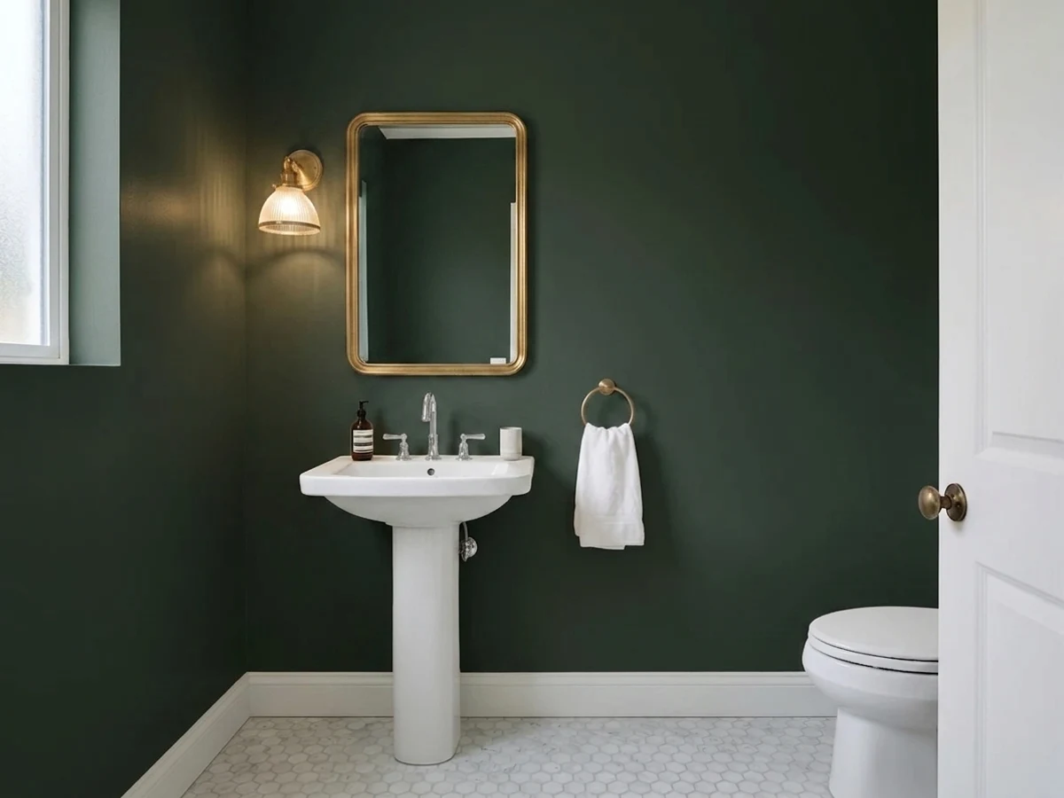 deep emerald color drenching — trending green powder room colors 2026