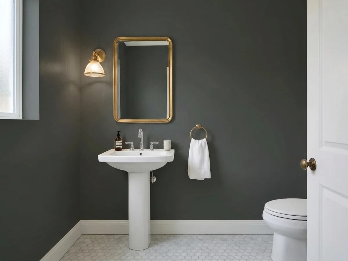 warm charcoal instead of flat black — trending black powder room colors 2026