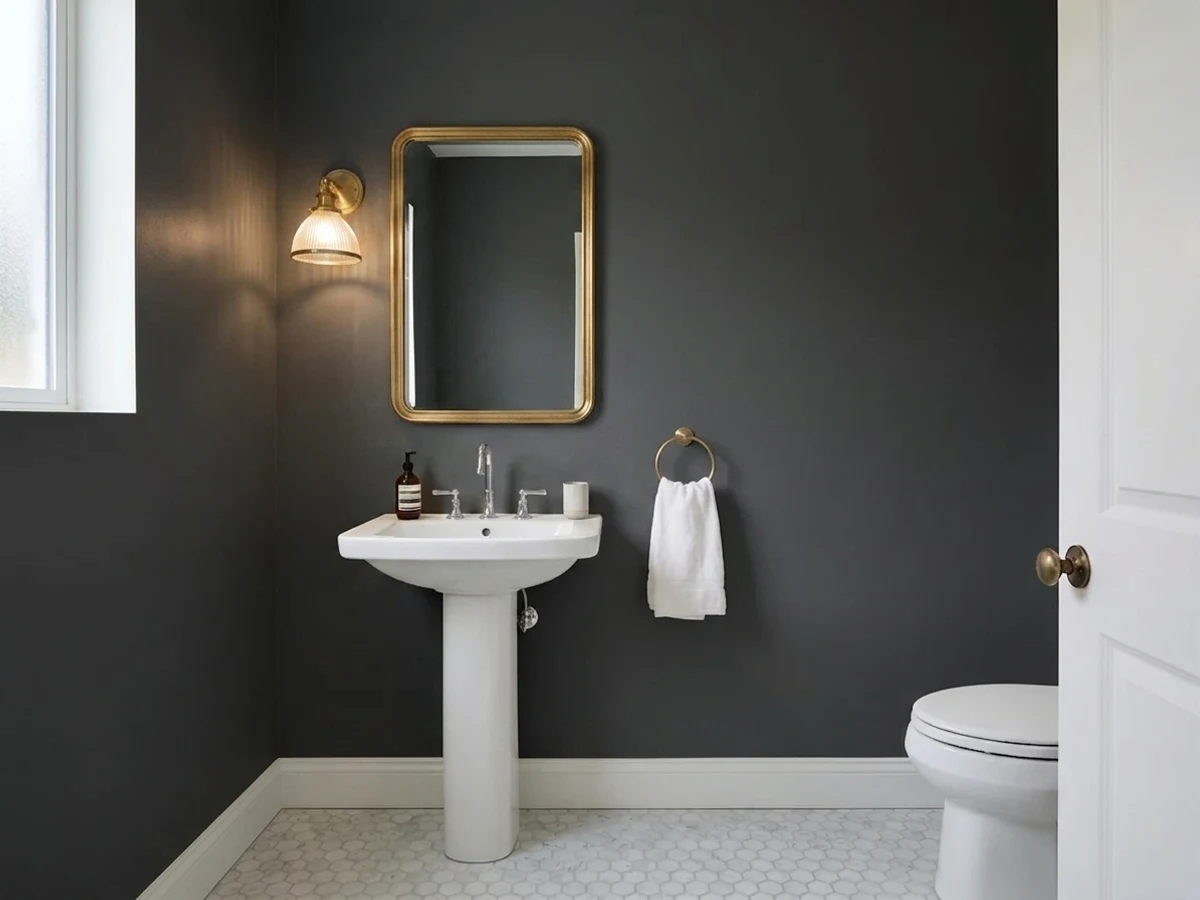 black with brass hardware — trending black powder room colors 2026
