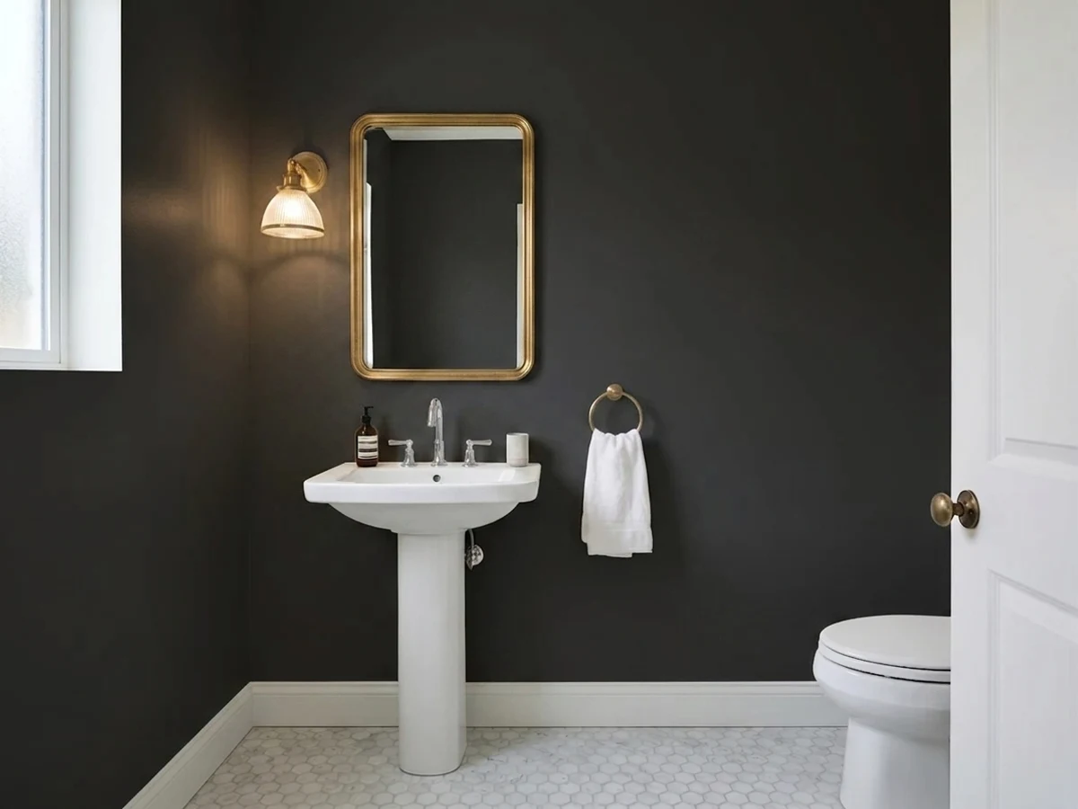 Portola Paints Factory Black in a powder room