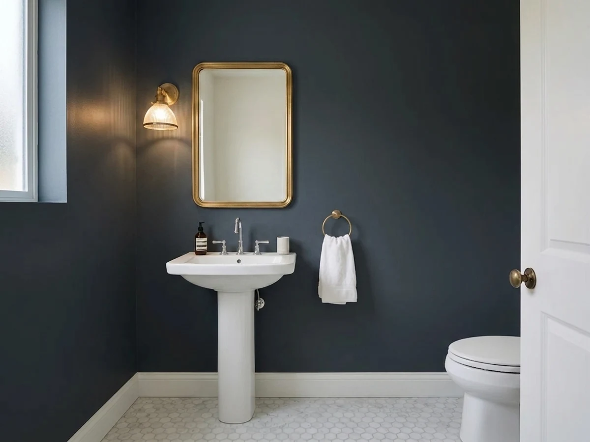 Sherwin-Williams After the Storm in a powder room