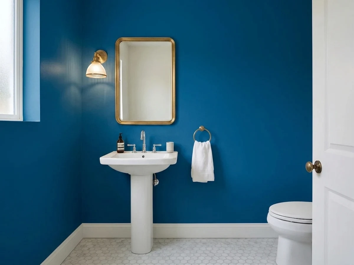 Sherwin-Williams Hyper Blue in a powder room